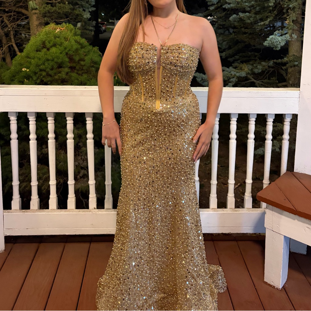Portia And Scarlett Ps25160 Gold Sequin Strapless Prom Evening Gown